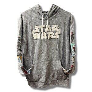 Star Wars Mens Hoodie Size M Gray Pullover Logo Graphic Sleeve Panels